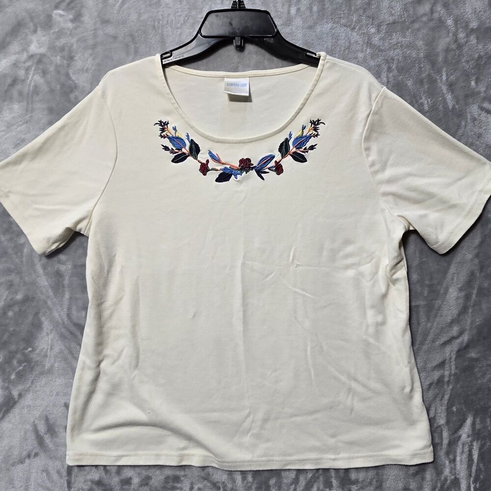 Bedford Fair Shirt Top Blouse Womens Large Ivory Floral Embroidered Neckline